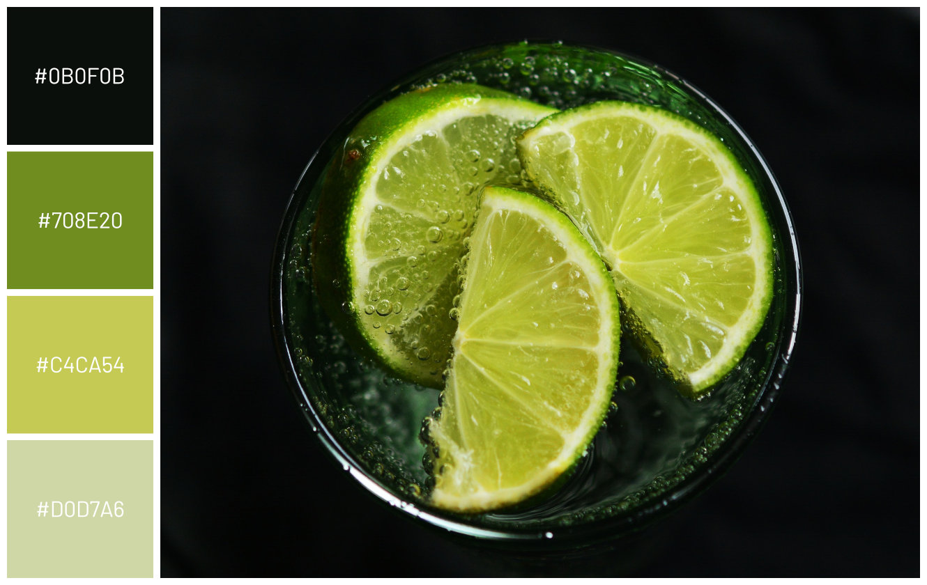 lime slices floating in beverage drink glass on black background top view