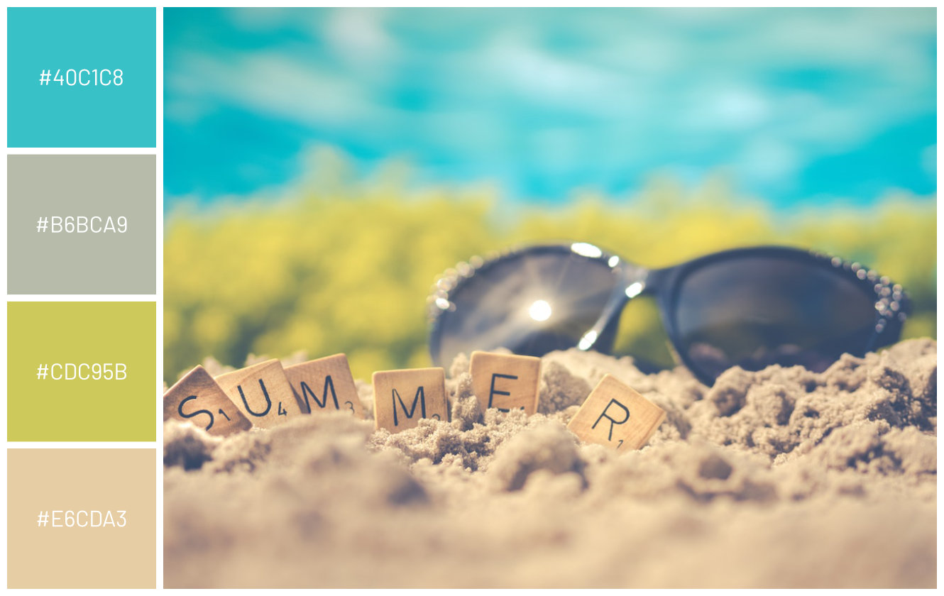 sunglasses wodden letters on beach in sand ocean background