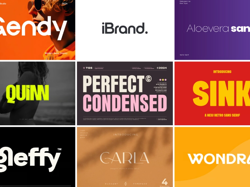 Typography in Web Design, Grid of popular fonts used in modern trendy website design.